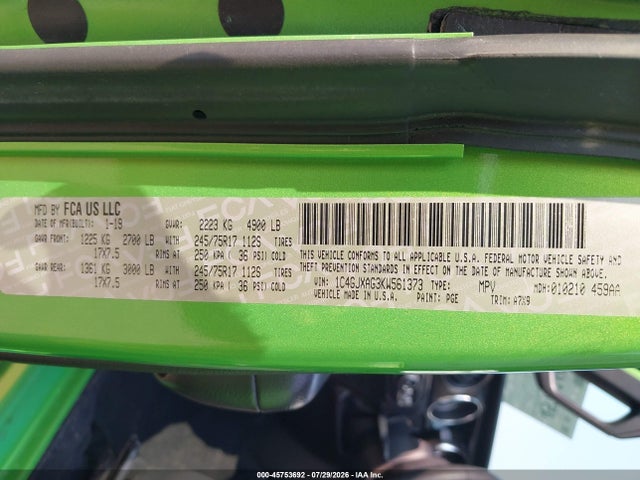 Продаж на аукціоні авто 2019 Jeep Wrangler Sport S 4x4, vin: 1C4GJXAG3KW561373, номер лоту: 45753692