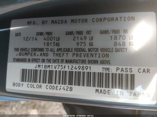 Aukcja sprzedaży 2015 Mazda Mazda3 I Touring, vin: JM1BM1V75F1249891, numer aukcji: 45753708