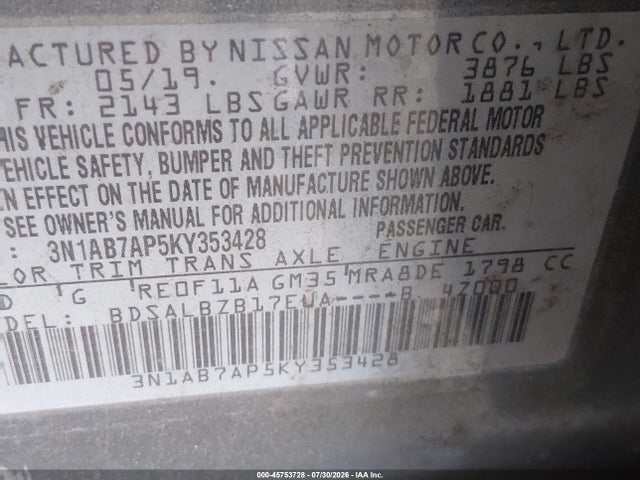 Aukcja sprzedaży 2019 Nissan Sentra S, vin: 3N1AB7AP5KY353428, numer aukcji: 45753728