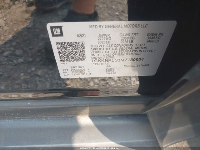 45753738 :رقم المزاد ، 1GKKNPLS1MZ180904 vin ، 2021 Gmc Acadia Fwd Denali مزاد بيع