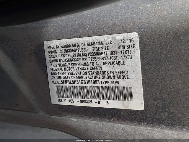 2016 Honda Odyssey Se მანქანა იყიდება აუქციონზე, vin: 5FNRL5H31GB164993, აუქციონის ნომერი: 45753741