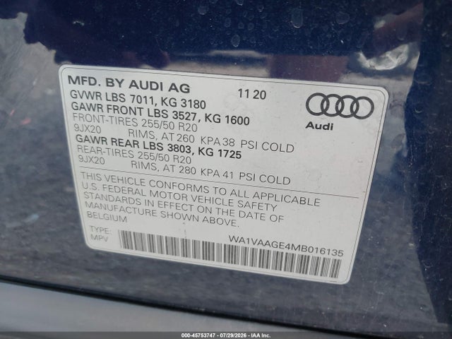45753747 :رقم المزاد ، WA1VAAGE4MB016135 vin ، 2021 Audi E-tron Prestige Quattro مزاد بيع