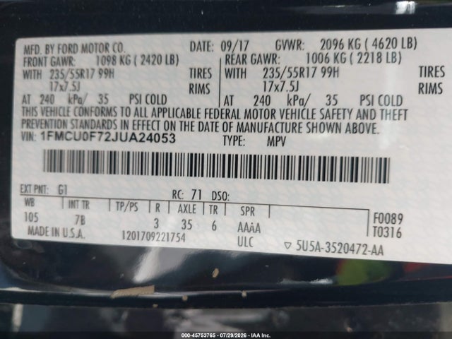 Ford ESCAPE S 2018 1FMCU0F72JUA24053 Image 9