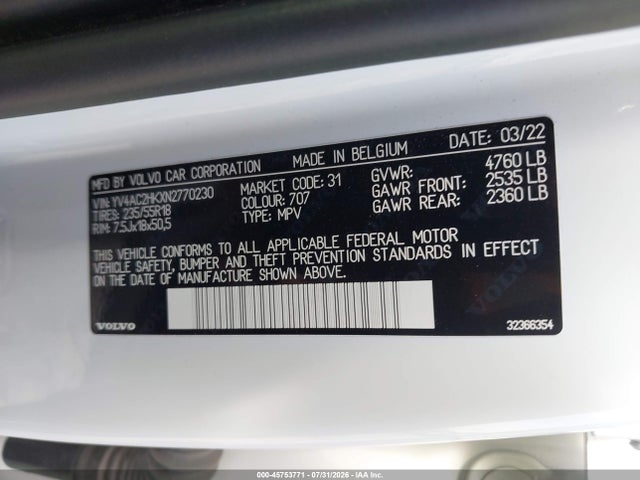Aukcja sprzedaży 2022 Volvo Xc40 T4 Momentum, vin: YV4AC2HKXN2770230, numer aukcji: 45753771