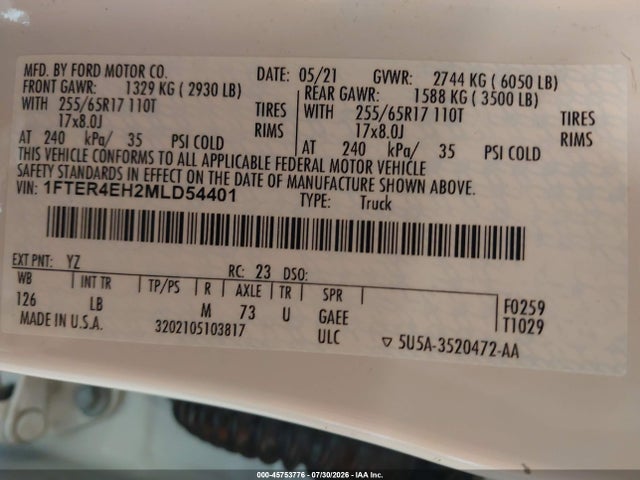 Продажа на аукционе авто 2021 Ford Ranger Xlt, vin: 1FTER4EH2MLD54401, номер лота: 45753776