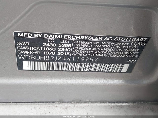 45753780 :رقم المزاد ، WDBUH82J74X119982 vin ، 2004 Mercedes-benz E 320 4matic مزاد بيع