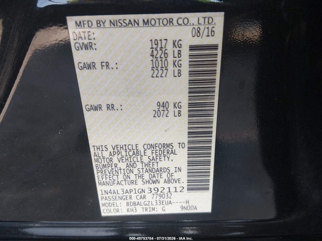 45753784 :رقم المزاد ، 1N4AL3AP1GN392112 vin ، 2016 Nissan Altima 2.5 S مزاد بيع