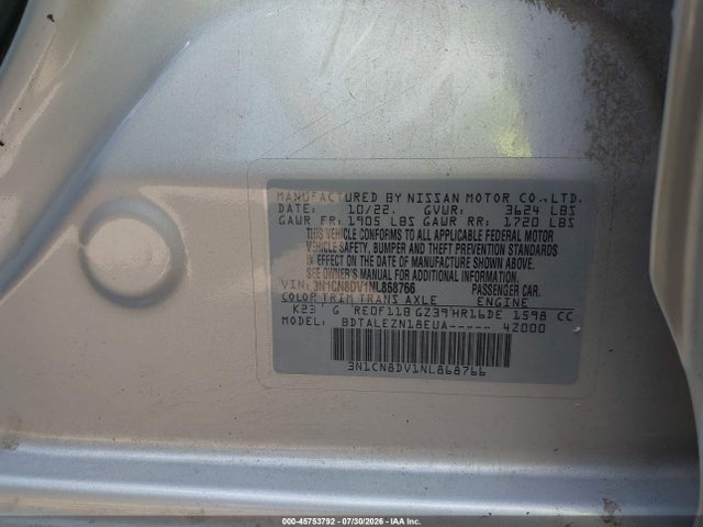 Aukcja sprzedaży 2022 Nissan Versa 1.6 S Xtronic Cvt, vin: 3N1CN8DV1NL868766, numer aukcji: 45753792