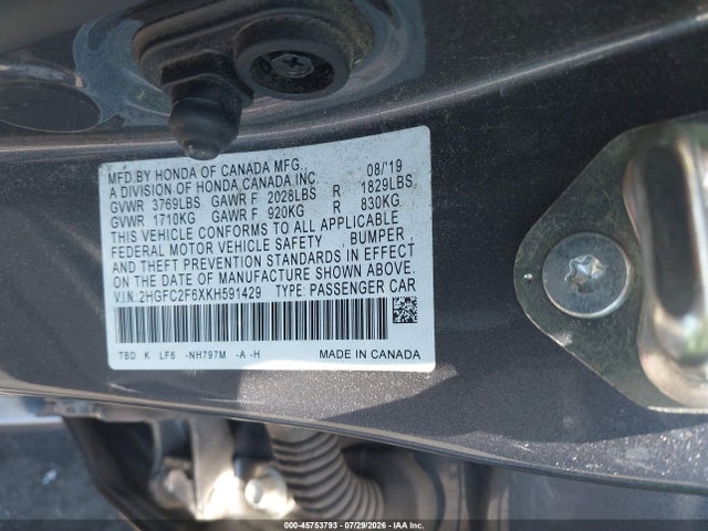 Honda Civic Lx 2019 2HGFC2F6XKH591429 Image 9