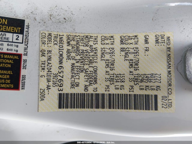 2022 Nissan Frontier King Cab S 4x4 მანქანა იყიდება აუქციონზე, vin: 1N6ED1CM0NN657693, აუქციონის ნომერი: 45753804