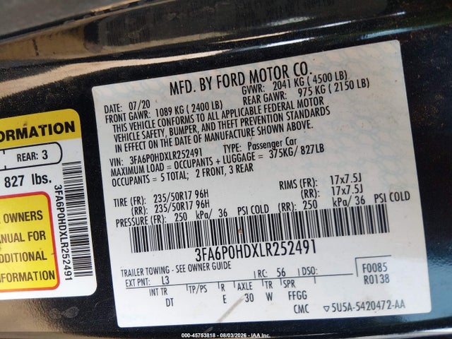 3FA6P0HDXLR252491 Ford FUSION SE