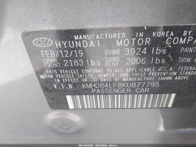 2019 Hyundai Elantra Value Edition მანქანა იყიდება აუქციონზე, vin: KMHD84LF8KU877795, აუქციონის ნომერი: 45753825