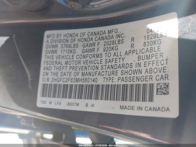 Honda Civic Lx 2021 2HGFC2F63MH560140 Image 9