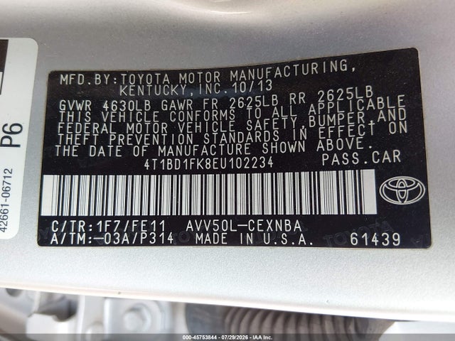 4T1BD1FK8EU102234 Toyota Camry Hybrid Le