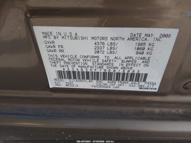 Продажа на аукционе авто 2009 Mitsubishi Galant Es/sport Edition, vin: 4A3AB36F79E018083, номер лота: 45753851