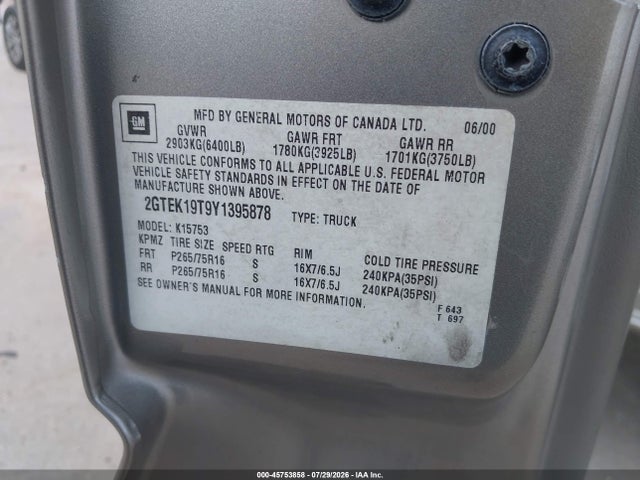 45753858 :رقم المزاد ، 2GTEK19T9Y1395878 vin ، 2000 Gmc Sierra 1500 Sle مزاد بيع