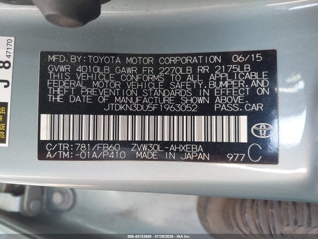 2015 Toyota Prius Two მანქანა იყიდება აუქციონზე, vin: JTDKN3DU5F1963052, აუქციონის ნომერი: 45753868