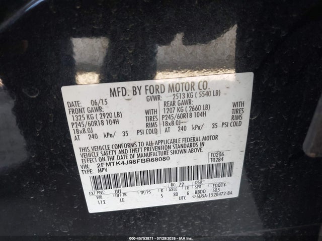 Aukcja sprzedaży 2015 Ford Edge Sel, vin: 2FMTK4J98FBB68080, numer aukcji: 45753871
