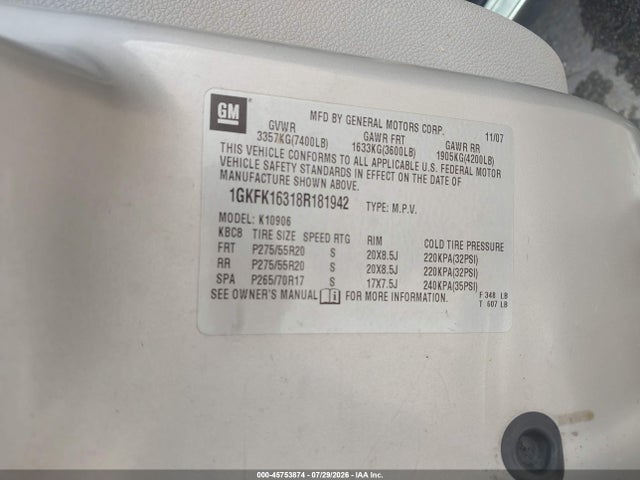 Продаж на аукціоні авто 2008 Gmc Yukon Xl 1500 Slt, vin: 1GKFK16318R181942, номер лоту: 45753874