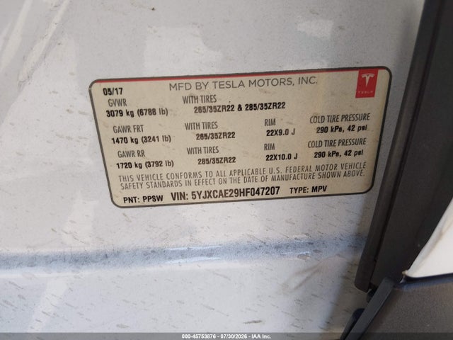 Aukcja sprzedaży 2017 Tesla Model X 100d/75d/90d, vin: 5YJXCAE29HF047207, numer aukcji: 45753876