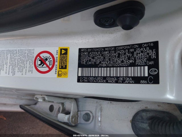 45753878 :رقم المزاد ، JTHBK1GG1G2243227 vin ، 2016 Lexus Es 350 مزاد بيع