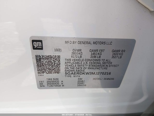 2021 Buick Enclave Fwd Avenir მანქანა იყიდება აუქციონზე, vin: 5GAERDKW3MJ270216, აუქციონის ნომერი: 45753881