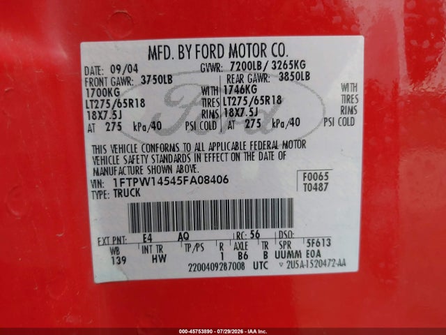 Продажа на аукционе авто 2005 Ford F-150 Fx4/lariat/xlt, vin: 1FTPW14545FA08406, номер лота: 45753890