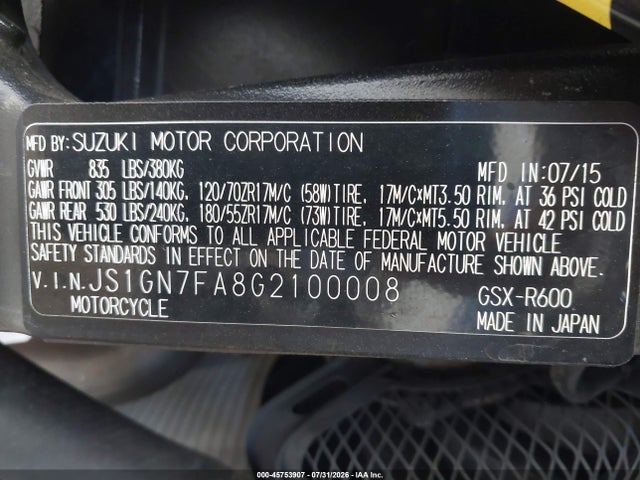 Suzuki GSX-R600 2016 JS1GN7FA8G2100008 Image 10