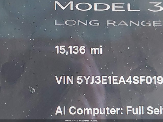 2025 Tesla Model 3 Long Range Rear-wheel Drive/standard Rear-wheel Drive მანქანა იყიდება აუქციონზე, vin: 5YJ3E1EA4SF019970, აუქციონის ნომერი: 45753914