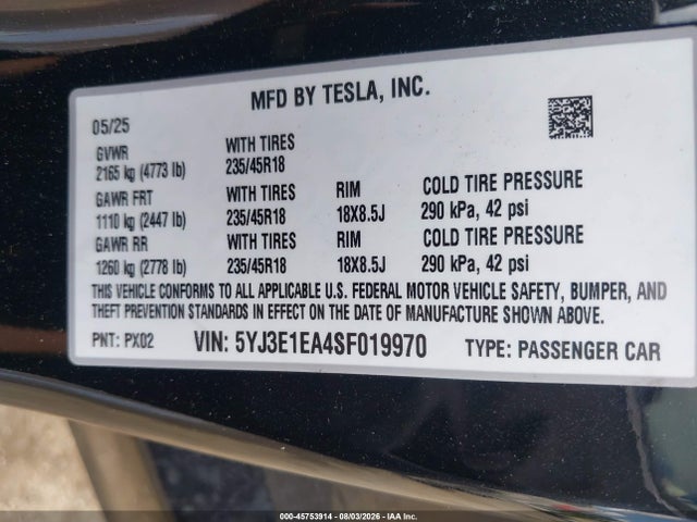 2025 Tesla Model 3 Long Range Rear-wheel Drive/standard Rear-wheel Drive მანქანა იყიდება აუქციონზე, vin: 5YJ3E1EA4SF019970, აუქციონის ნომერი: 45753914