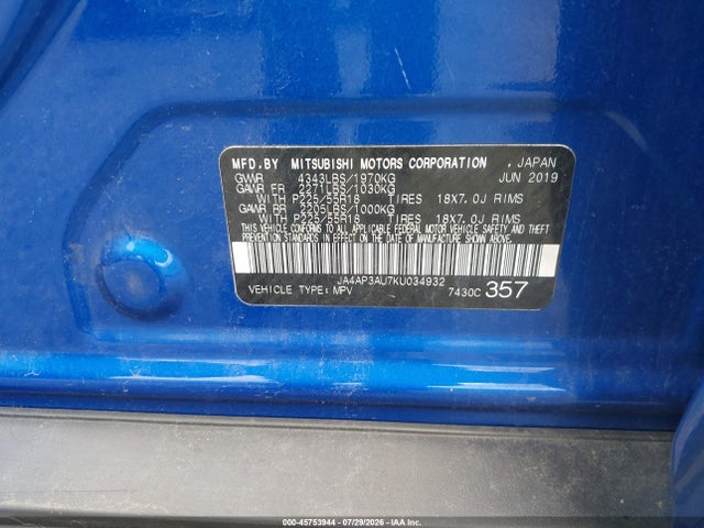 45753944 :رقم المزاد ، JA4AP3AU7KU034932 vin ، 2019 Mitsubishi Outlander Sport 2.0 Es مزاد بيع