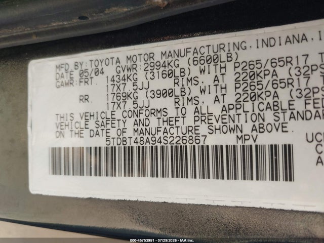 Auction sale of the 2004 Toyota Sequoia Limited V8, vin: 5TDBT48A94S226867, lot number: 45753951