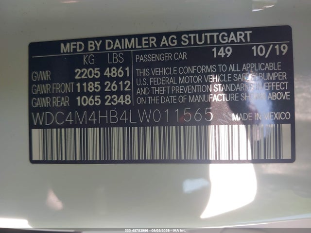 Aukcja sprzedaży 2020 Mercedes-benz Glb 250 4matic, vin: WDC4M4HB4LW011565, numer aukcji: 45753956
