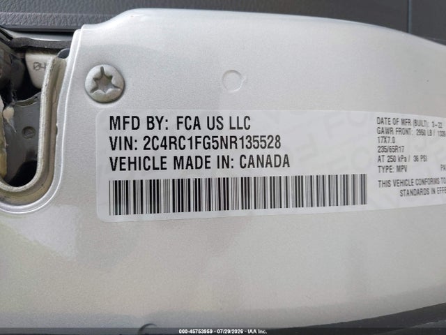 45753959 :رقم المزاد ، 2C4RC1FG5NR135528 vin ، 2022 Chrysler Pacifica Touring مزاد بيع