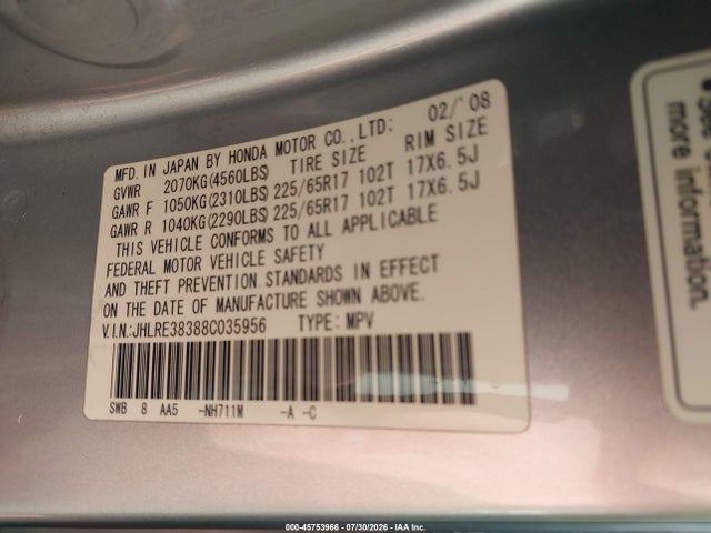 45753966 :رقم المزاد ، JHLRE38388C035956 vin ، 2008 Honda Cr-v Lx مزاد بيع