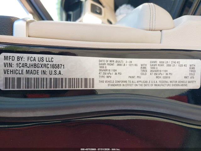 45753969 :رقم المزاد ، 1C4RJHBGXRC165871 vin ، 2024 Jeep Grand Cherokee Limited 4x4 مزاد بيع