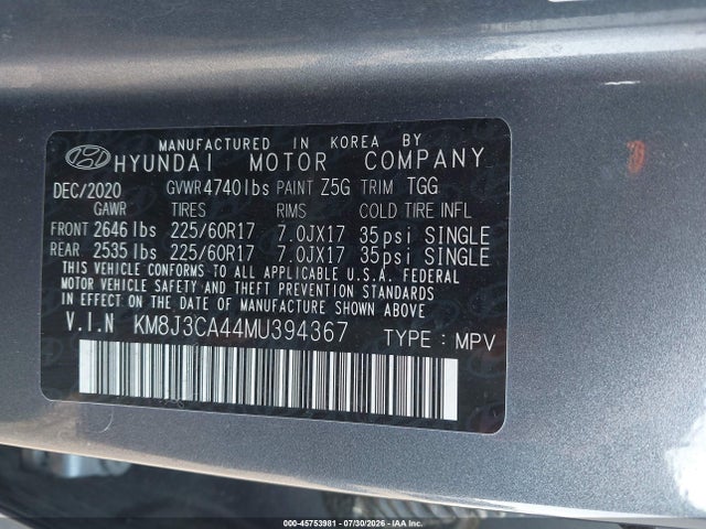 45753981 :رقم المزاد ، KM8J3CA44MU394367 vin ، 2021 Hyundai Tucson Value مزاد بيع