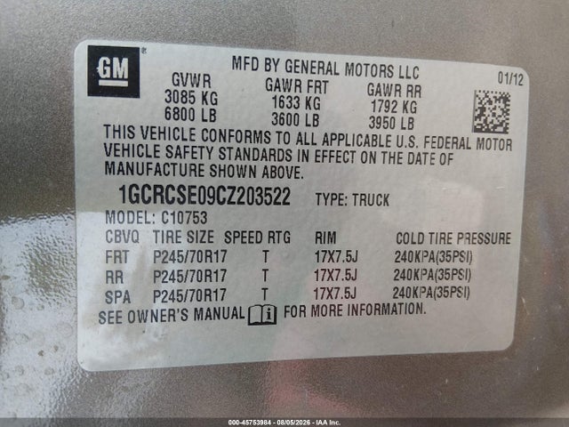 45753984 :رقم المزاد ، 1GCRCSE09CZ203522 vin ، 2012 Chevrolet Silverado 1500 Lt مزاد بيع