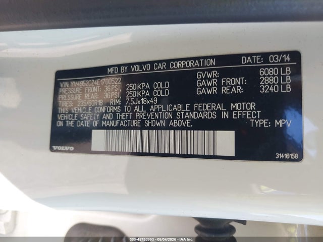 2014 Volvo Xc90 3.2 მანქანა იყიდება აუქციონზე, vin: YV4952CZ4E1700522, აუქციონის ნომერი: 45753993