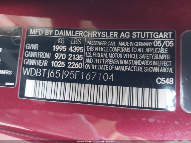 Aukcja sprzedaży 2005 Mercedes-benz Clk 320, vin: WDBTJ65J95F167104, numer aukcji: 45753998