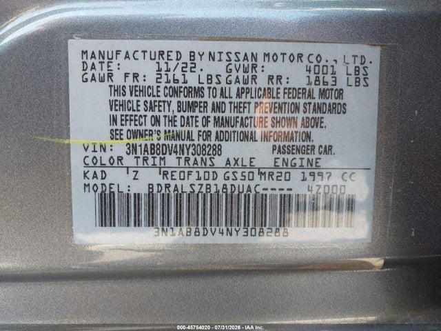 45754020 :رقم المزاد ، 3N1AB8DV4NY308288 vin ، 2022 Nissan Sentra Sr Xtronic Cvt مزاد بيع
