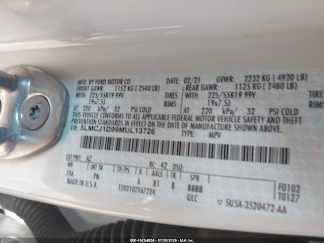 Продажа на аукционе авто 2021 Lincoln Corsair Standard, vin: 5LMCJ1D99MUL13726, номер лота: 45754024