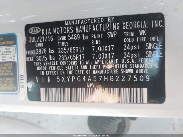5XYPG4A57HG227509 KIA Sorento 3.3l Lx