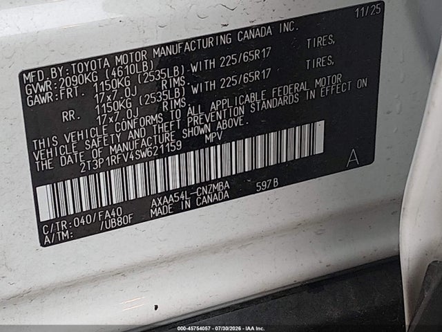 45754057 :رقم المزاد ، 2T3P1RFV4SW621159 vin ، 2025 Toyota Rav4 Xle مزاد بيع