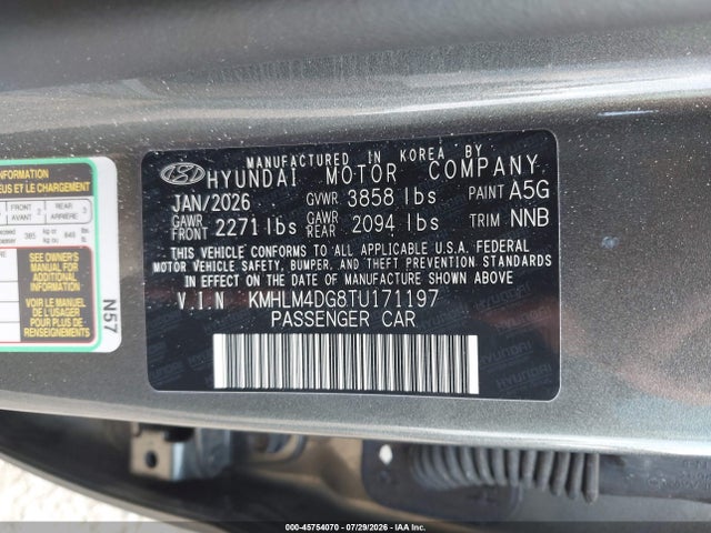 Продажа на аукционе авто 2026 Hyundai Elantra Sel Sport, vin: KMHLM4DG8TU171197, номер лота: 45754070