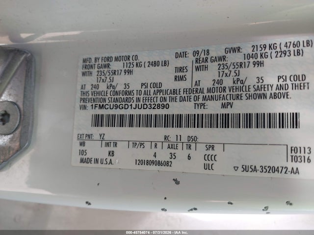 Ford ESCAPE SE 2018 1FMCU9GD1JUD32890 Image 9
