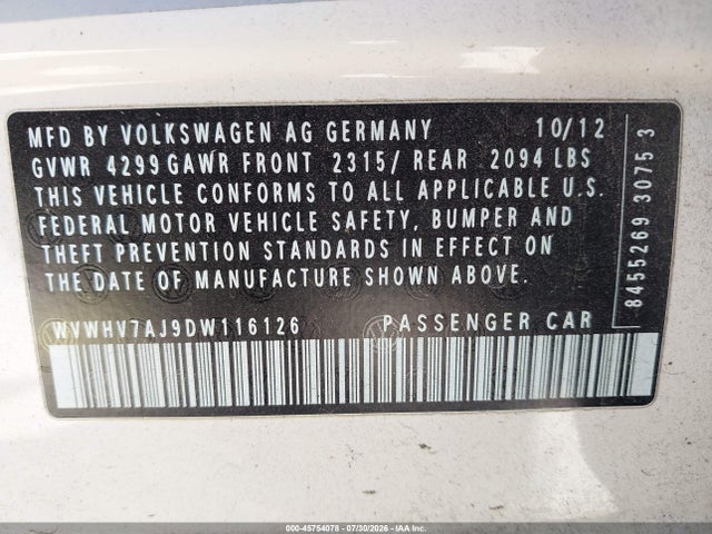 45754078 :رقم المزاد ، WVWHV7AJ9DW116126 vin ، 2013 Volkswagen Gti 4-door مزاد بيع