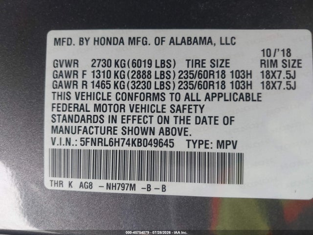Honda Odyssey Ex-l 2019 5FNRL6H74KB049645 Image 9