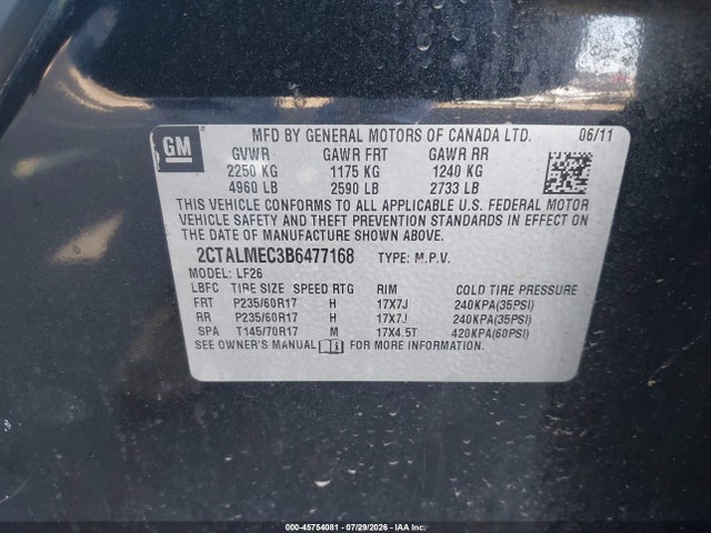 Aukcja sprzedaży 2011 Gmc Terrain Sle, vin: 2CTALMEC3B6477168, numer aukcji: 45754081