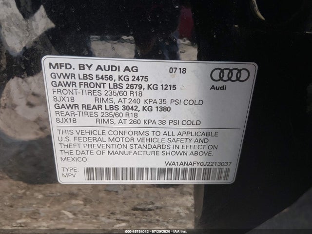45754082 :رقم المزاد ، WA1ANAFY0J2213037 vin ، 2018 Audi Q5 2.0t Premium/2.0t Tech Premium مزاد بيع
